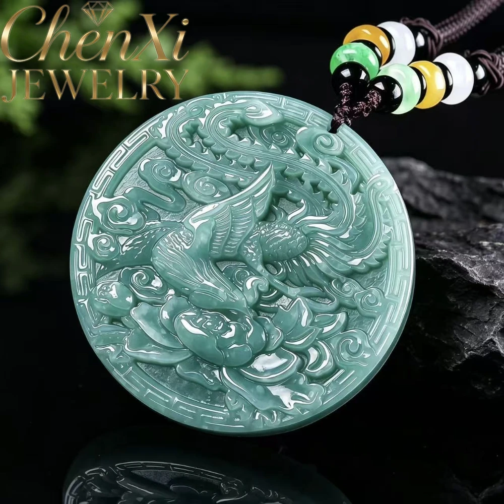 Ice Waxy A-Grade Burmese Jadeite Artistic Dragon Phoenix Tablet Carving Design Stylish Jade Pendant Exquisite Present Selection