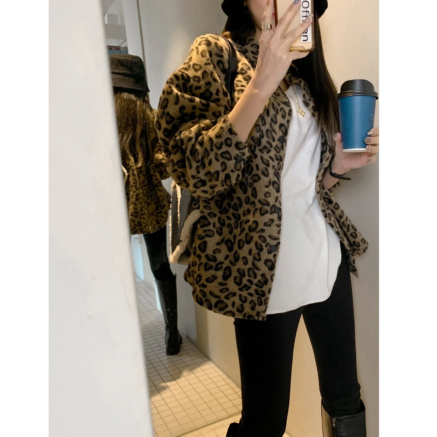 

Lapel Leopard Print Woolen Thick Long Sleeve Shirt Women Jacket Autumn New Korean Fashion Loose Casual Blouses Women Tops