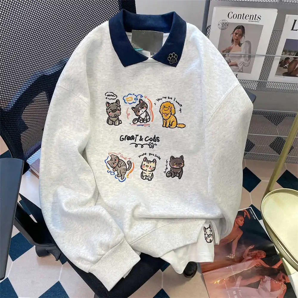 Japanese Style Cute Little Dog Embroidered Fake Two Piece Hoodie Women Early Autumn Lazy Style Polo Collar Color Collision Top