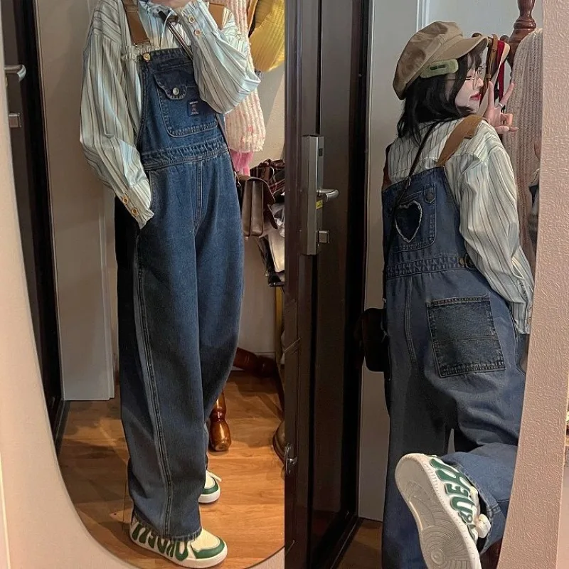 

Homemade Double Sided Wear Denim Overalls for Women Spring and Autumn Retro Bear Pocket Jumpsuits Woman Loose Wide Leg Pants