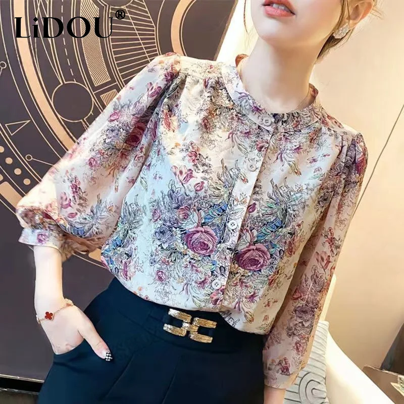 

2023 Summer Vintage Floral Printing Chiffon Shirt Women Round Neck Three Quarter Single Breasted Loose Casual Korean Style Tops