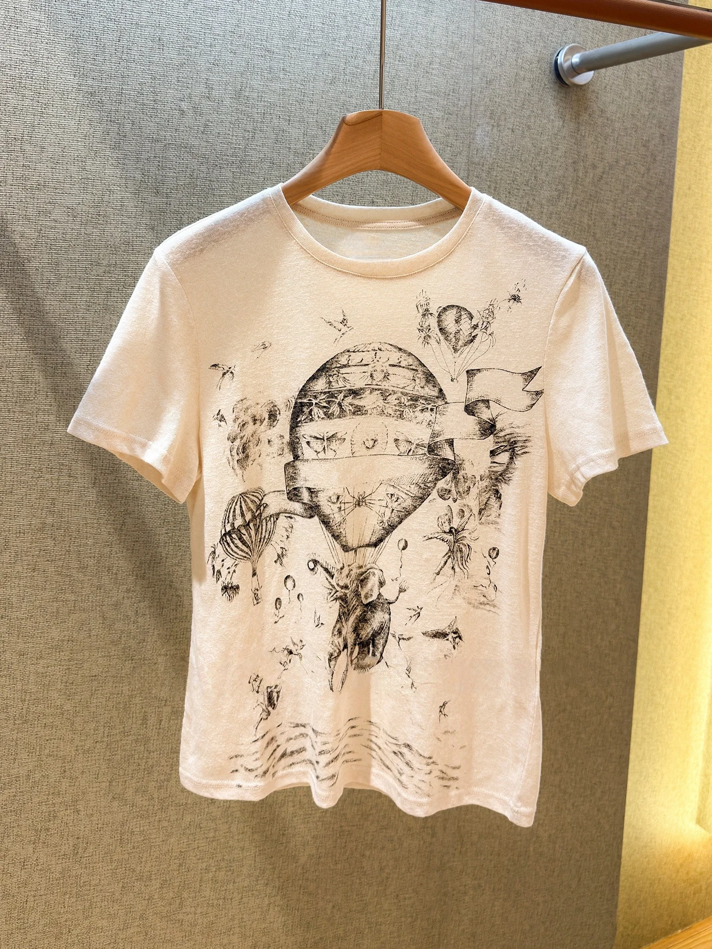 Summer Women's Short Sleeve T-Shirt Balloon Print round Neck Versatile Design Breathable Cotton French Style Casual Top