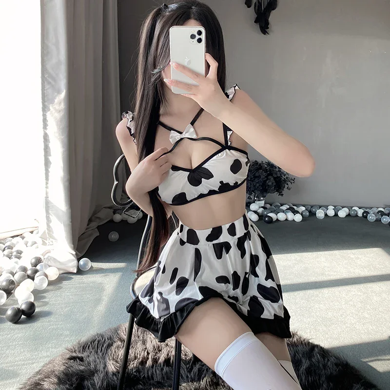 Kawaii Cow Girl Cosplay Bra Top +Skirt Sexy Lingerie Women Erotic See Through Dairy Cattle Costumes Maidservant Uniform