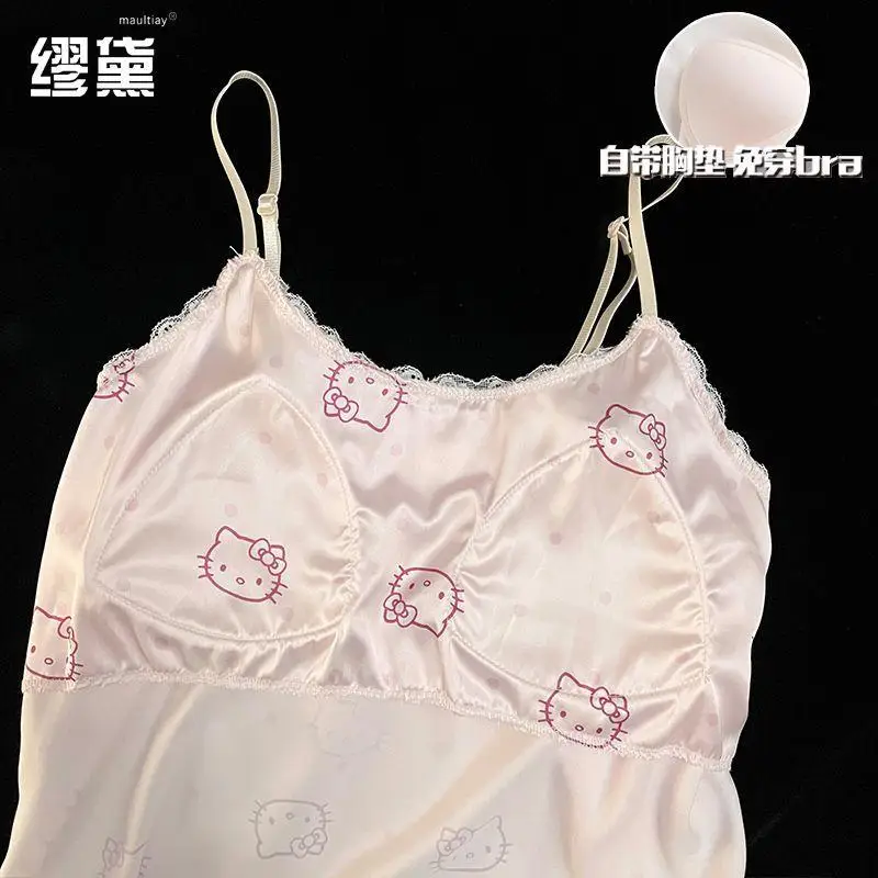 سانريو بيجامة عصرية هالو كيتي تنورة ليلية من الحرير الجليدي مع وسادة صدر بيجامات نسائية صيفية حبال ملابس منزلية مثيرة صيفية #4