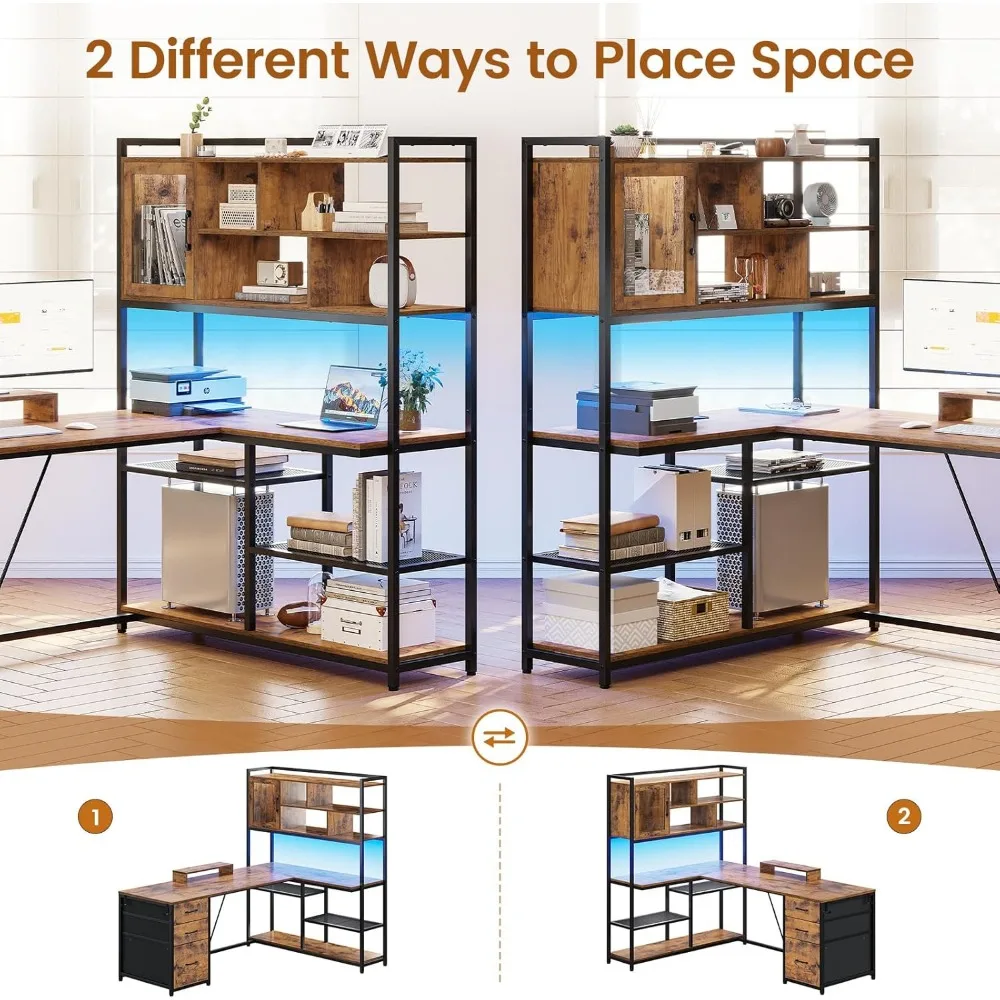 مكتب كمبيوتر على شكل حرف L، مكتب مكتب مقاس 58 بوصة مع 3 أدراج ورف كتب، مكتب زاوية على شكل حرف L مع أرفف تخزين وإضاءة LED