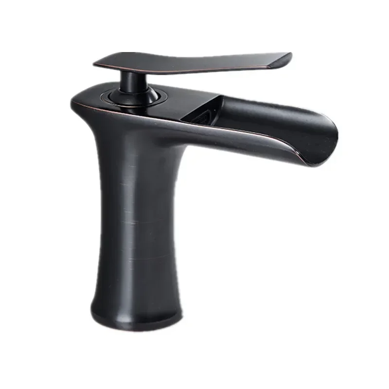 Bathroom Waterfall Faucet Single Handle Single Hole Deck Mounted Brass Basin Faucet Hot and Cold Black Mixer Tap