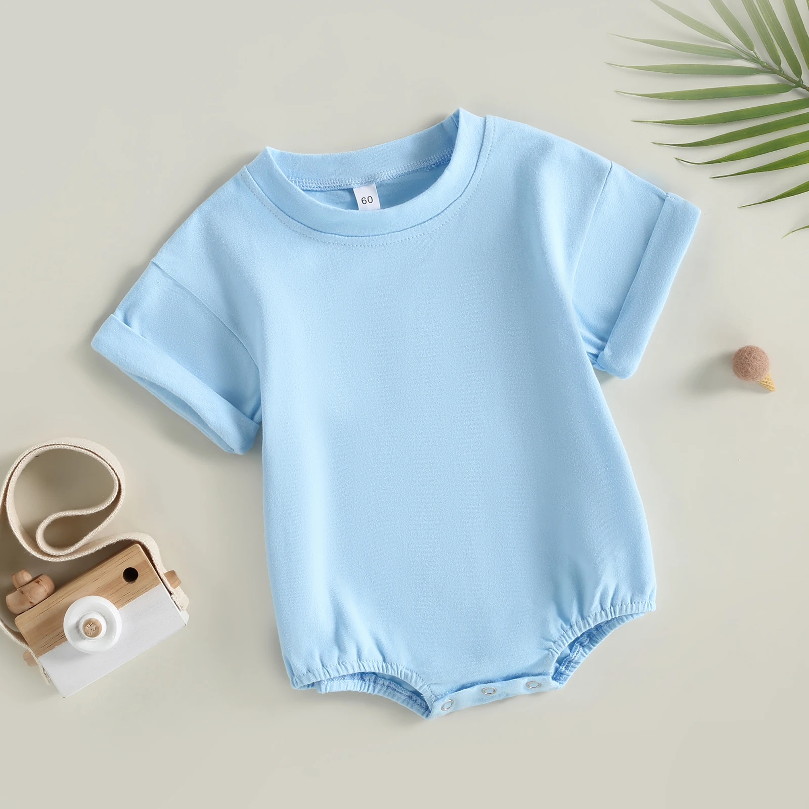 Unisex Newborn Baby Boy Girl Solid Color Bubble Romper Cotton Crewneck Short Sleeve Pullover Oversized  Bodysuit Top