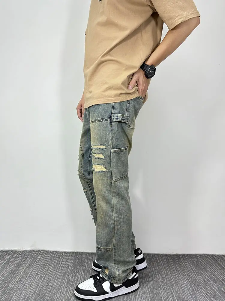 High Street Perforated Jeans Men's Straight Patch Fashion Brand Loose Washed Vintage Long Personality Pants  mens ripped jeans