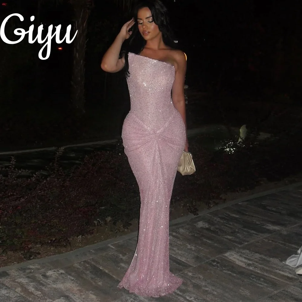 Giyu Elegant Pink Sparkly Lace Prom Dress Slanted Pleat Mermaid New Evening Dress Sleeveless Special Occasion فساتين سه