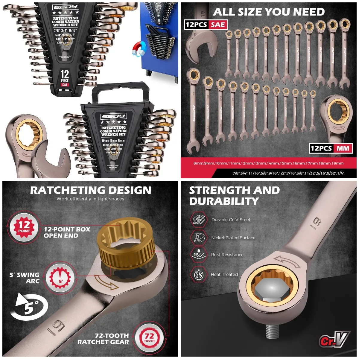 

Набор ключей с храповым механизмом из 24 предметов, SAE и метрическая, сталь Cr-V, магнитный органайзер, инструменты для ремонта автомобилей