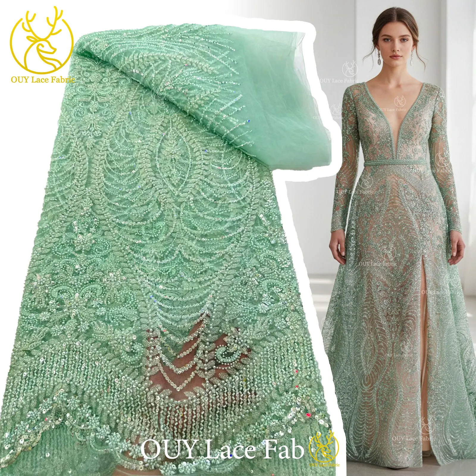 Luxuriöser goldener nigerianischer Mesh-Spitzenstoff mit Perlen und Pailletten, afrikanische französische Brautstickerei, Hochzeitsspitze für Damen, Partykleid, Nähen – Detail 3