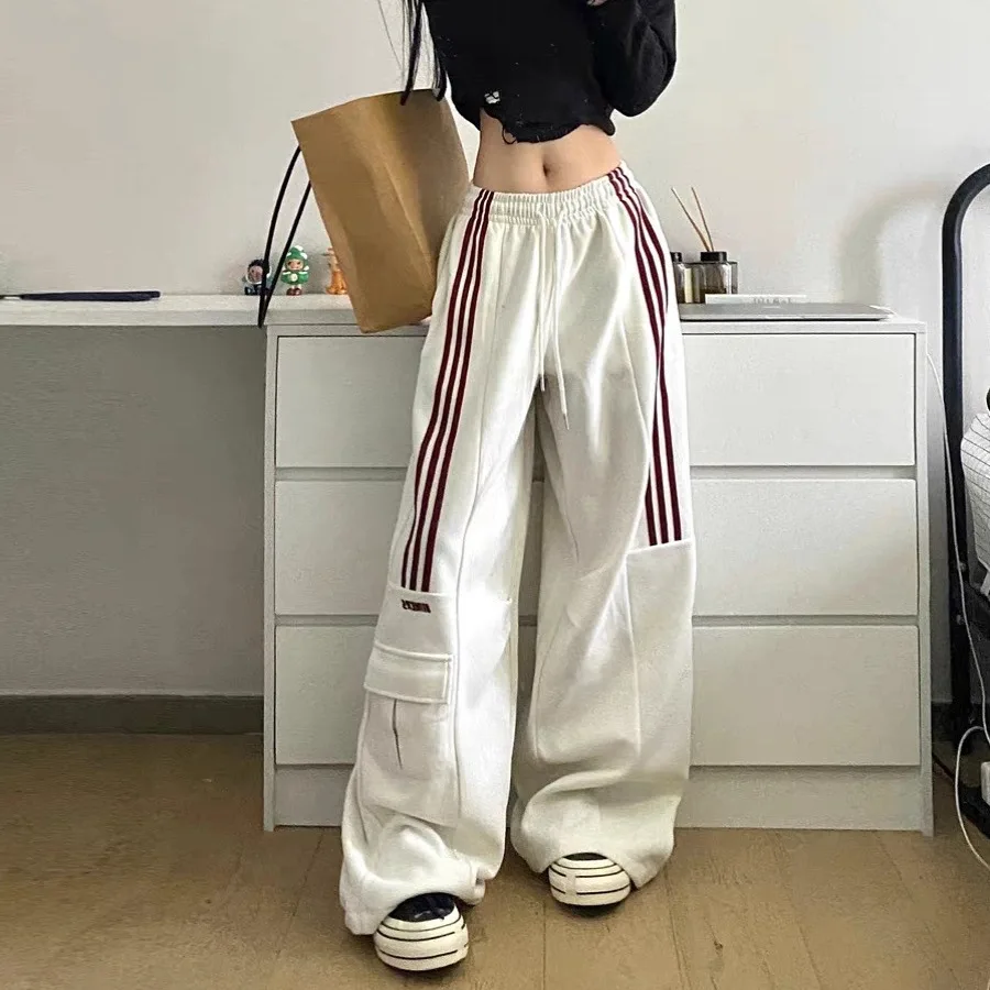 

Retro Lazy Style Wide Leg Pants Women Solid Stripes Elastic High Waist Drawstring Loose Casual Straight Sports Trousers