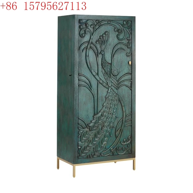 

TQH retro small wardrobe American peacock carved single-door wardrobe storage cabinet antique entrance decorative cabinet