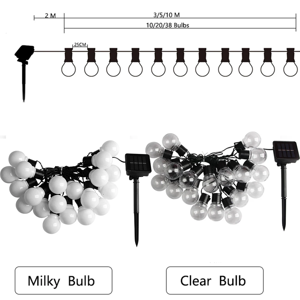 LED Globe Solar Fairy String Lights, guirlanda de Natal, lâmpadas de bulbo de casamento, ao ar livre, festa, feriado, jardim, pátio, 10, 20, 38