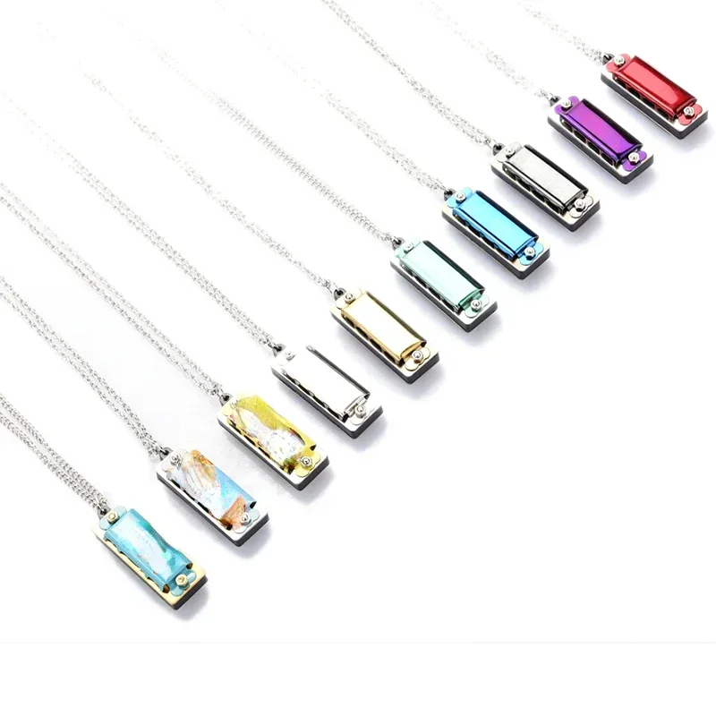 2pcs Mini 4 Hole 8 Tone Harmonica Metal Necklace Design Chain Gift Color Random