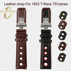 Cowhide lea/ther watch strap with hole 20mm breathable Black red yellow white lines watchband For Tissot 1853 T-Race T91 PRS516