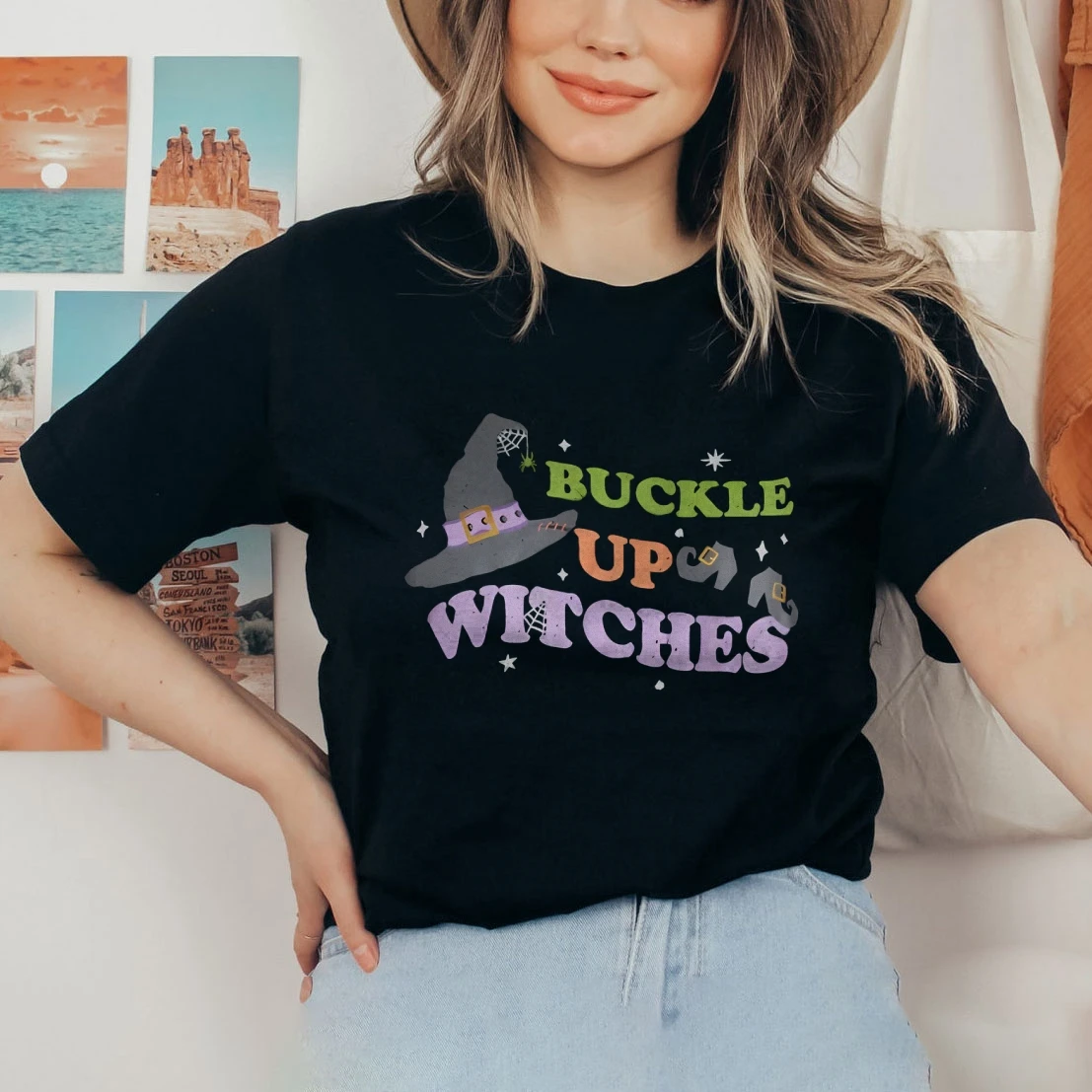 

Halloween Buckle Up Witches Women's T-Shirt, Pumpkin Happy Halloween Party Top Women, Casual Comfort Stylish Short Sleeve Shirt