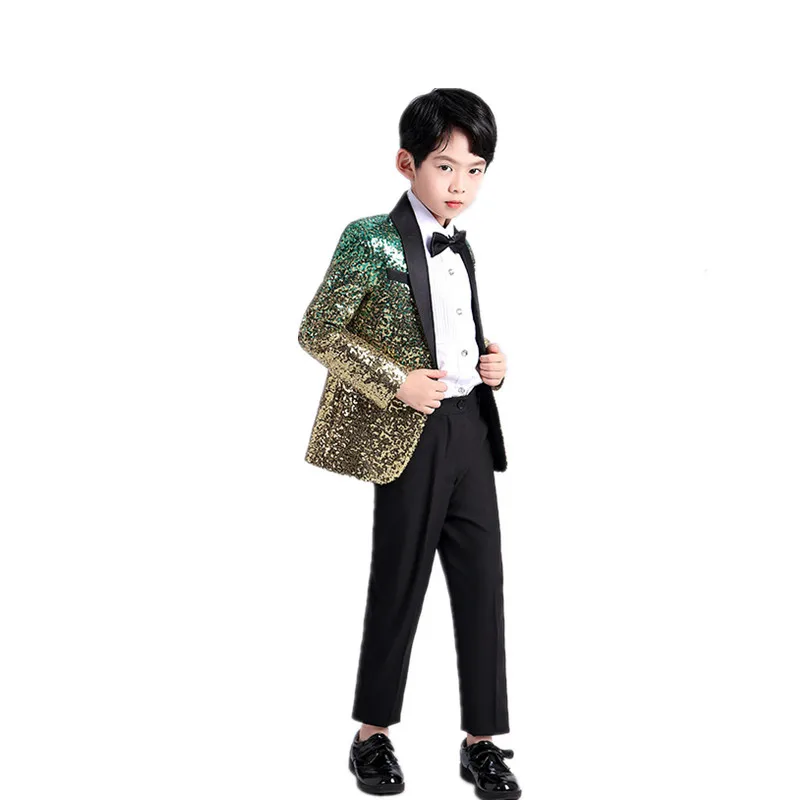 Boys Fashionable Gradient Sequins Jacket Pants Tie 3pcs Wedding Party Suits Kids Piano Performance Costume Photography Dress