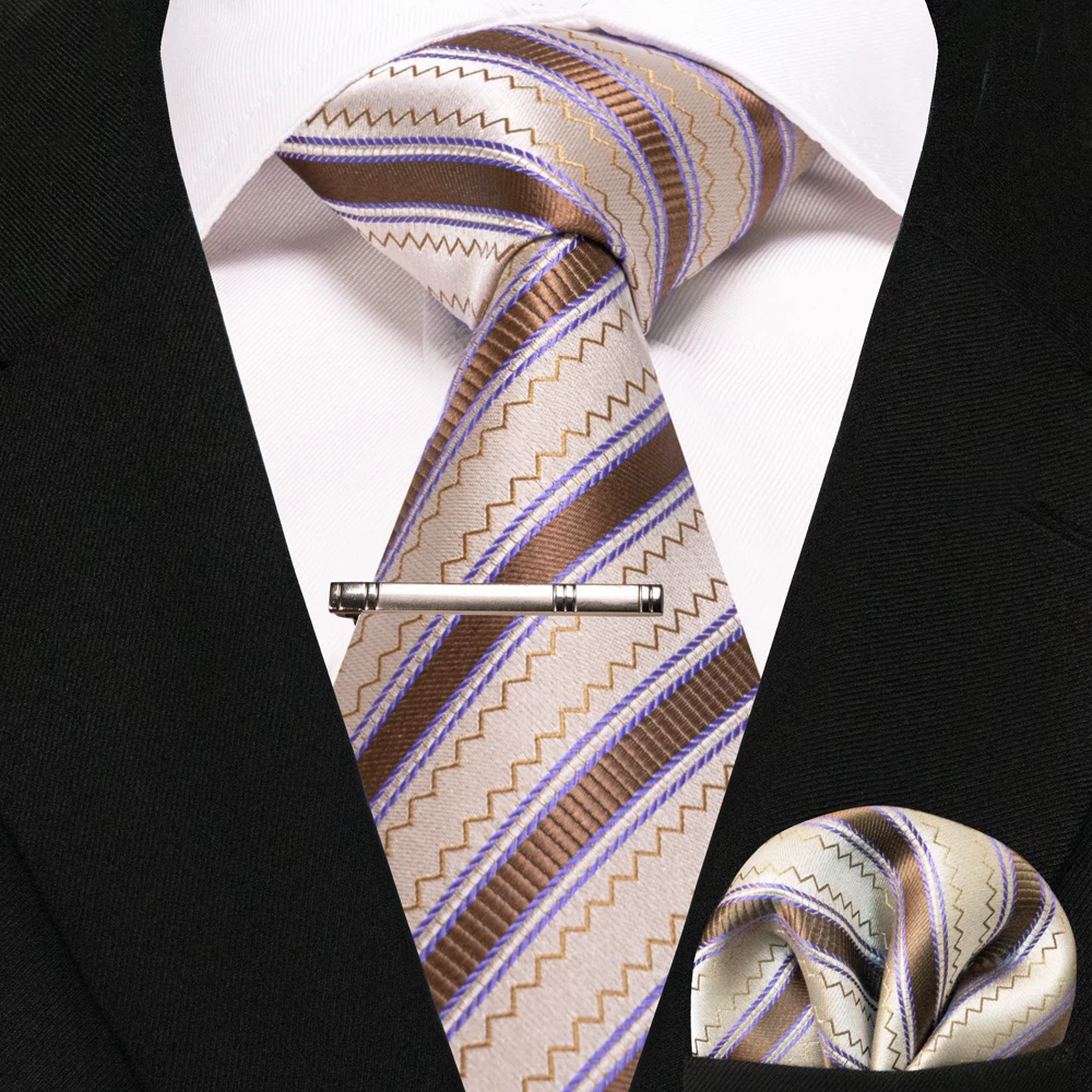 JEMYGINS Business-Krawatte für Herren, Seidenkrawatte in Marineblau, gestreifte Paisley-Krawatte, Einstecktuch, Krawattenklammern, Set für Hochzeit, Party, Geschenk – Detail 9
