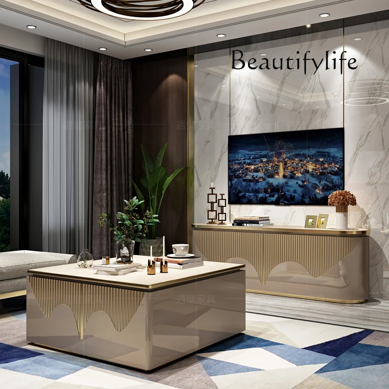 

Italian light luxury rock slab coffee table TV cabinet combination living room rear stainless steel rectangular marble