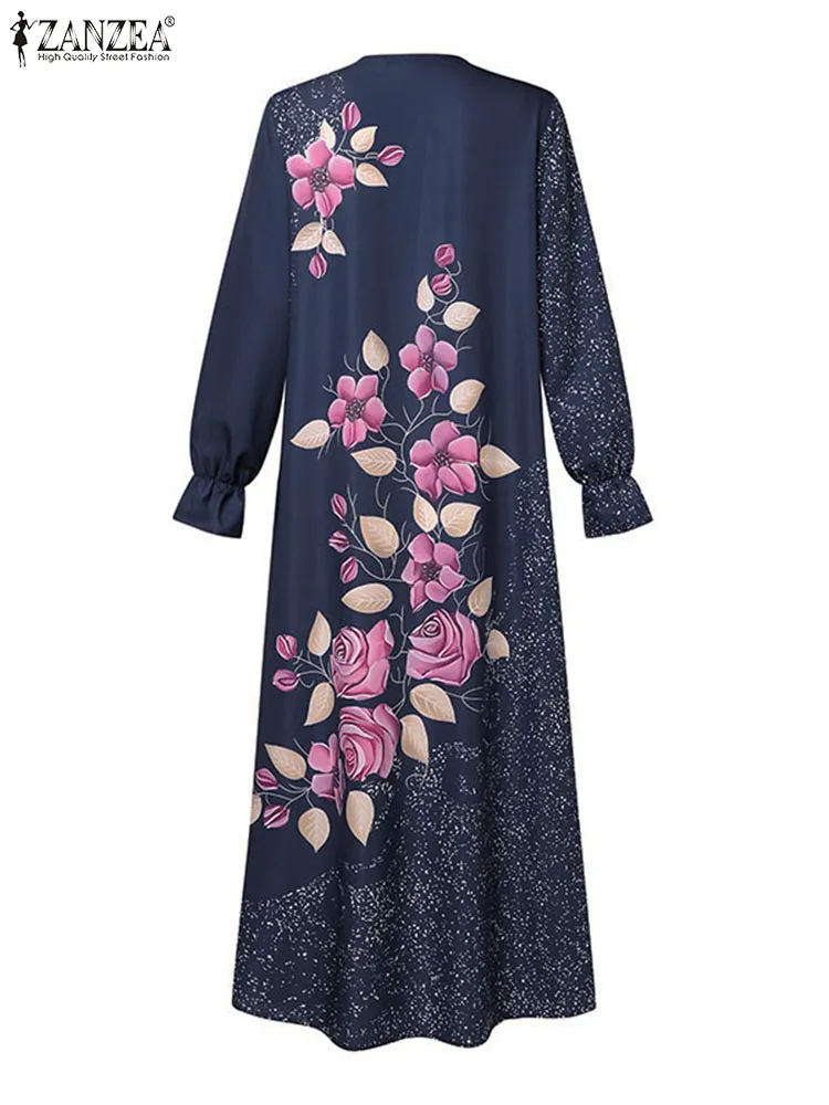 ZANZEA Elegant Floral Printed Sundress 2024 Vintage Muslim Dubai Turkey Dress Women Long Sleeve Abaya Hijab Islamic Clothing