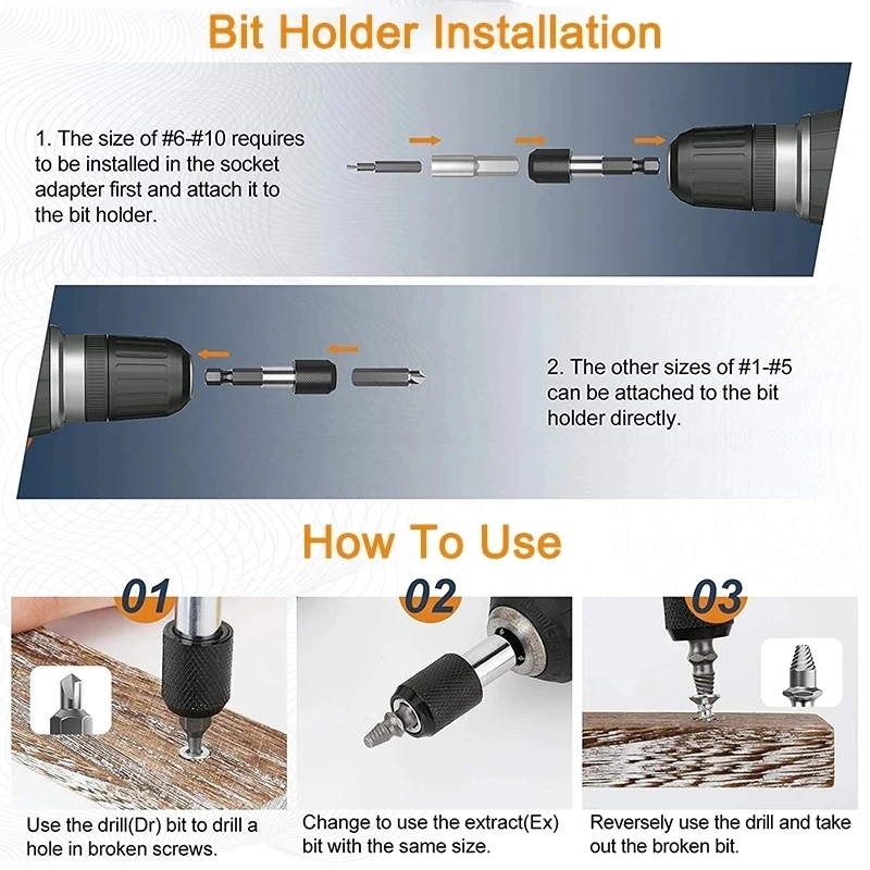 Damaged Screw Extractor Set Removal Tool Drill Bit Easy Out Disassemble Bolt Stud Slip Teeth Demolish Stripped Broken Remover