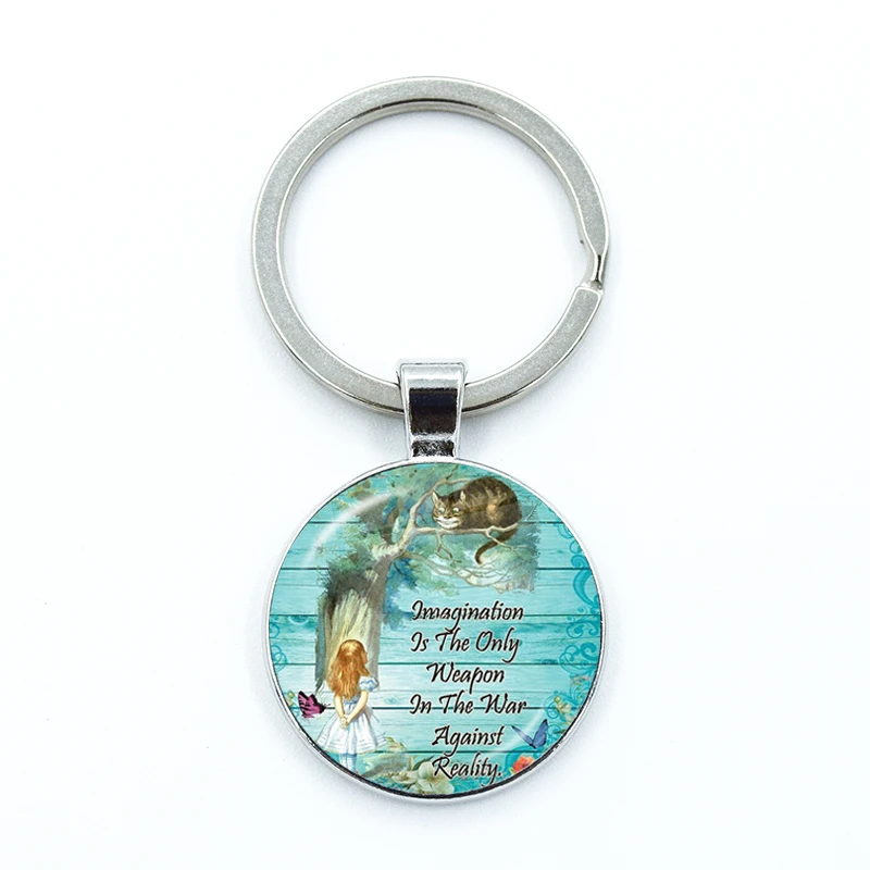 Alice In Wonderland Wonderland Garden Keychain Glass Cabochon KeyRing Bag Car Key Chain Ring Holder Charms Jewelry Gifts