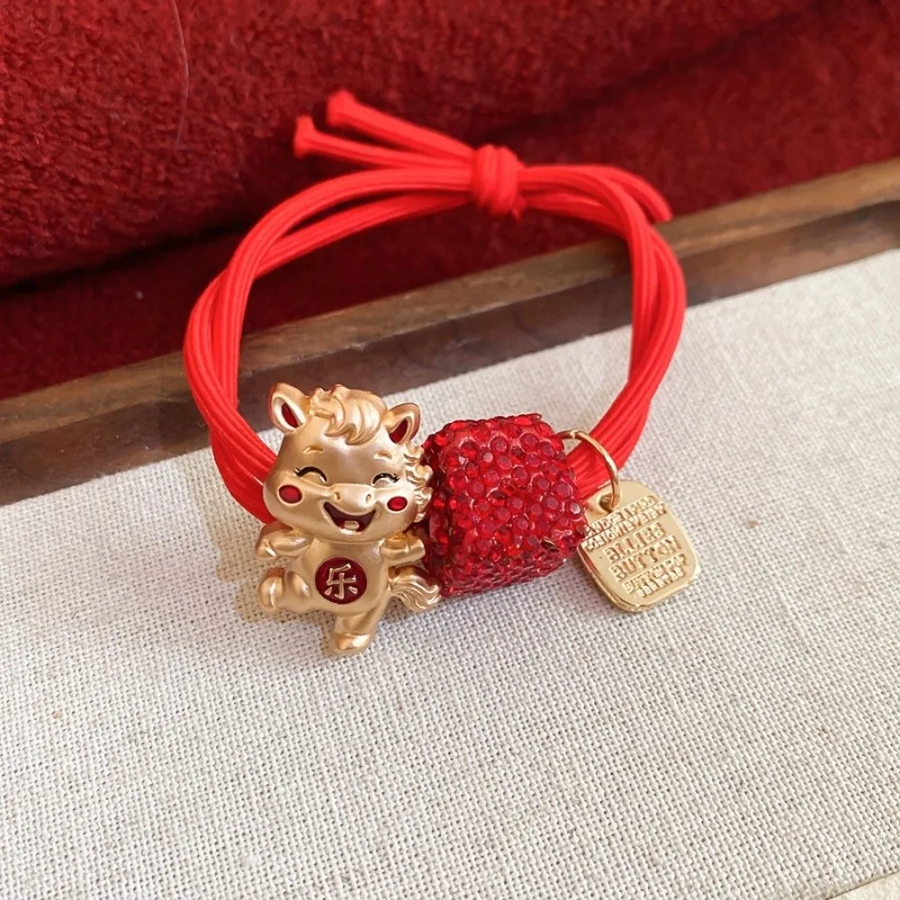 

Alloy Zodiac Horse Hair Rope Dual Purpose Rhinestone Chinese Children Hair Band Red Rope Year of The Horse Red Hair Scrunchies