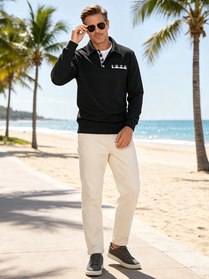 Herren Waffelstrick Langarm-Poloshirt mit Revers und Halbknopfleiste, Regular Fit, Frühling Herbst Business Casual Atmungsaktive Weiche Oberteile – Detail 17