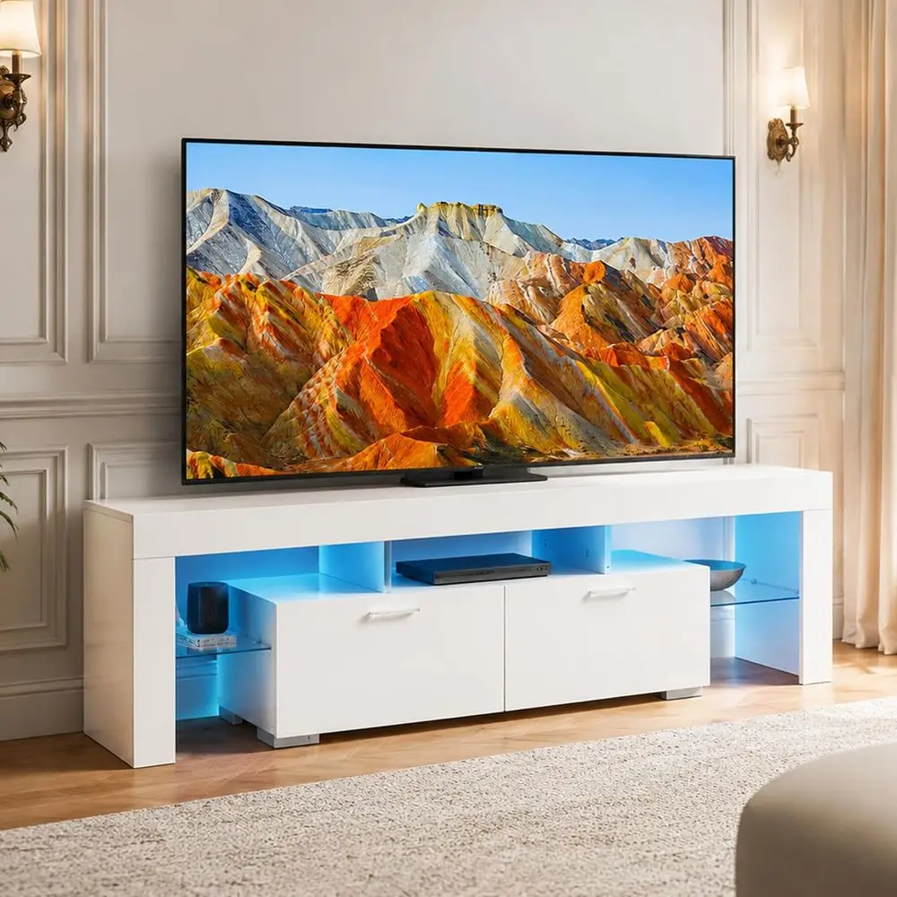 LED TV Stand or 65/70/75 Inch TV, Entertainment Center with Storage Der, Industrial TV ole Table or Living Room and Bedrooms, Wh