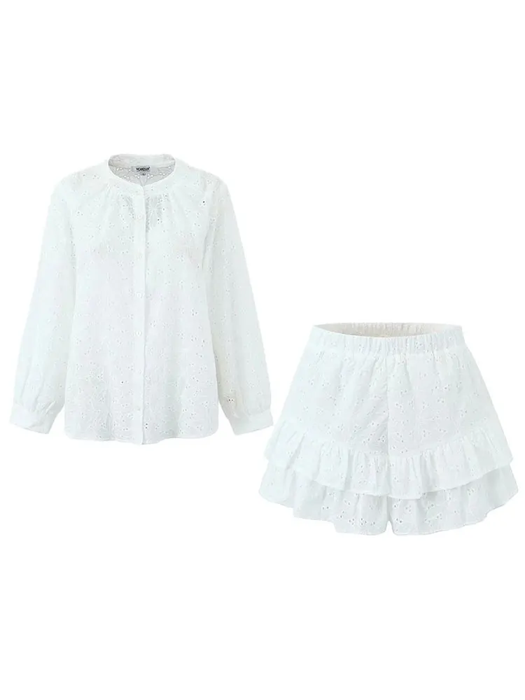 Spring Women Vintage Single Breasted White Lace Women Shorts Sets Long Sleeve Casual Party 2 Piece Set Femme Suit 5
