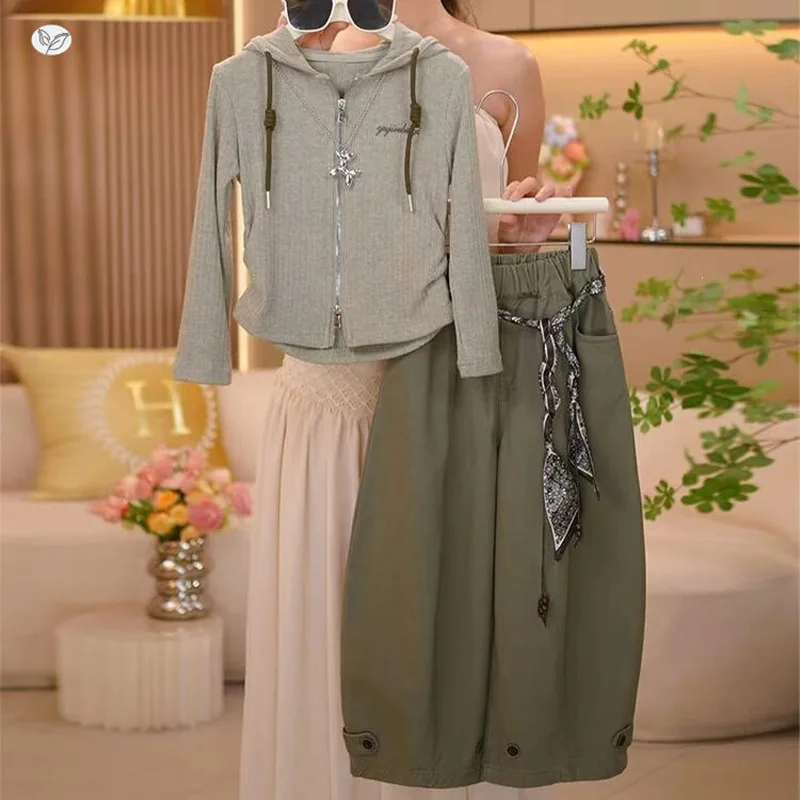 Girls' long-sleeved curved-leg pants set2026Autumn new cardigan hooded base shirt with ribbon wide-leg work pants