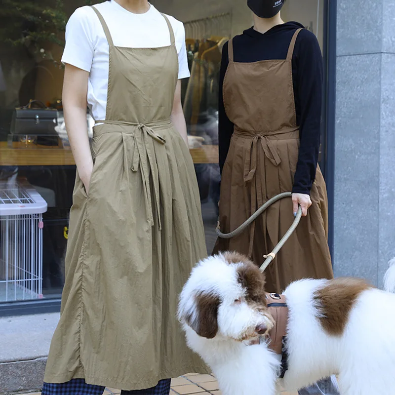 Women Long Pleated Waterproof Apron Beauty Nails Salon Oilproof Anti-dirty Summer Thin Kitchen Garden Pinafore With Pockets