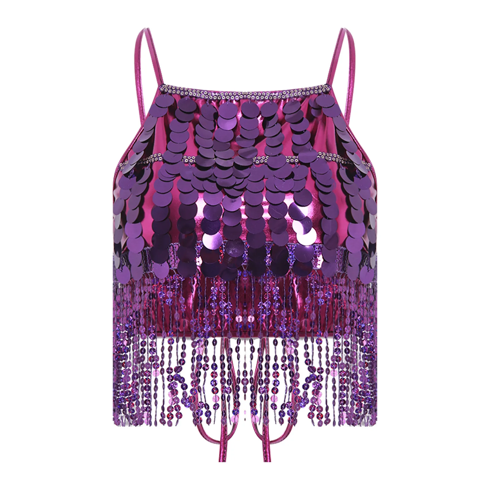 

Women Sparkling Belly Dance Crop Top Sequin Tassel Backless Lace-up Bra Top for Belly Class Performance Folk Dance Costumes