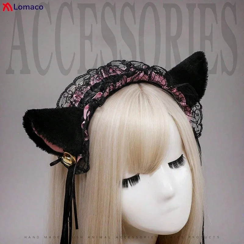 Gothic Lolita Cameriera Peluche Orecchie di gatto Nastro Campana Increspature Fasce per capelli in pizzo Braccialetti girocollo Cerchietto per capelli per ragazze Accessori Cosplay