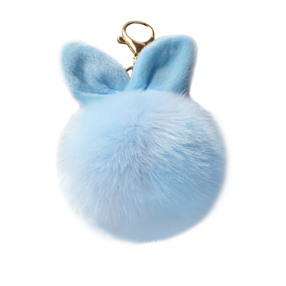 

Rabbit Ear Keychain Pom Pom Ball 10-12Cm Diameter Key Ring for Women Girls Bag Charm Car Pendant Holiday Gift Light Blue