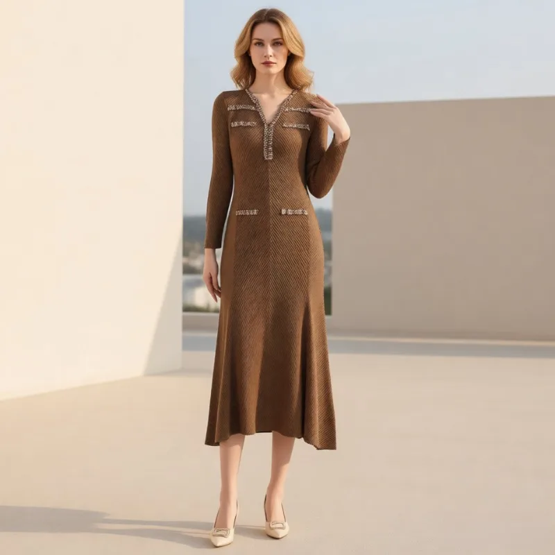 

Miyake New Women's Dresses V-neck Beaded Pleated Waisted Thin Long-sleeved Dress Plus Size European Commuter Stretchy Clothing