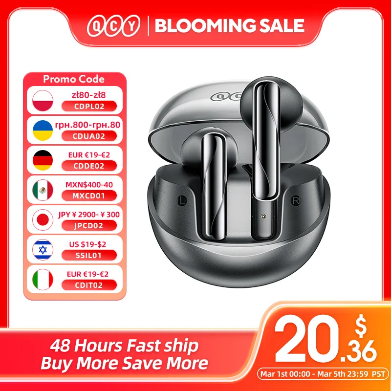 QCY AilyBuds Auricolari wireless trasparenti Auricolari Bluetooth 5.3 TWS Cuffie da gioco semi-in-ear 4 microfoni Cuffie con controllo touch ENC