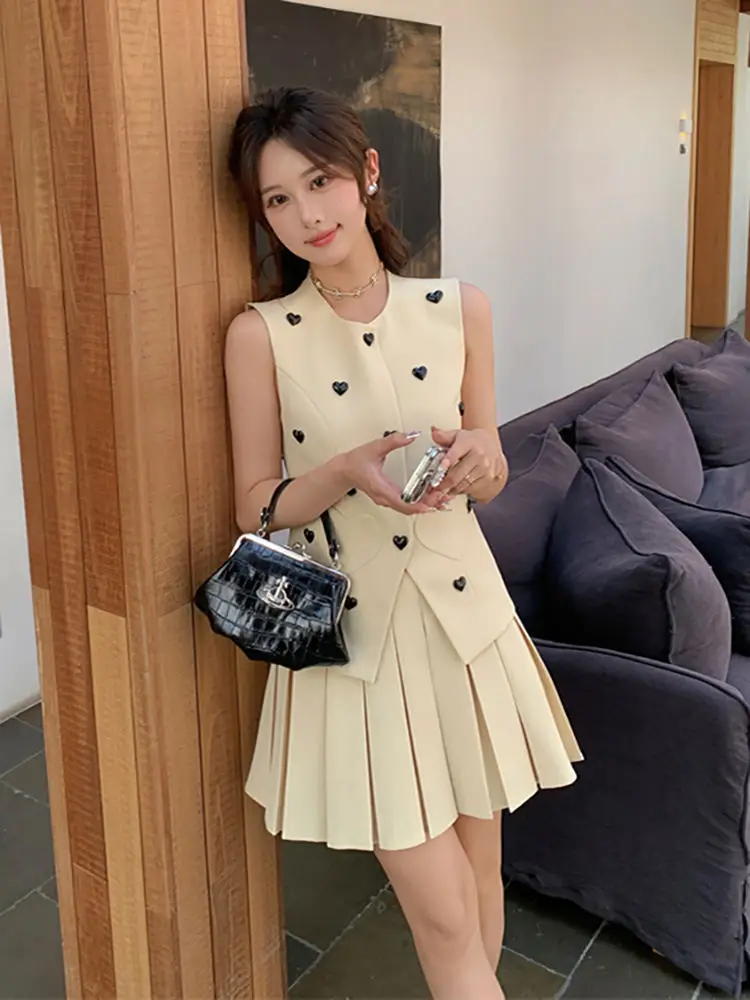 Suits Love Suit Vest Vest Top Pleated Skirt Two-Piece Set Women\'S 2024 Summer New Large Size Slim Temperament Versatile Suit