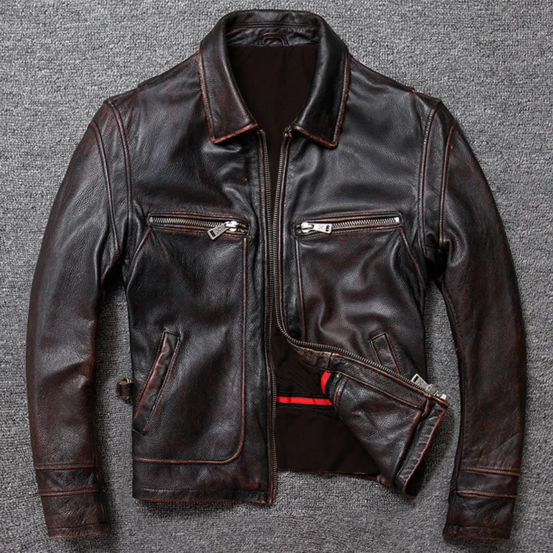 

Classic Men Cowhide Coat Natural 's Genuine Leather Jacket Vintage Style Real Clothes Clothing Calf Skin