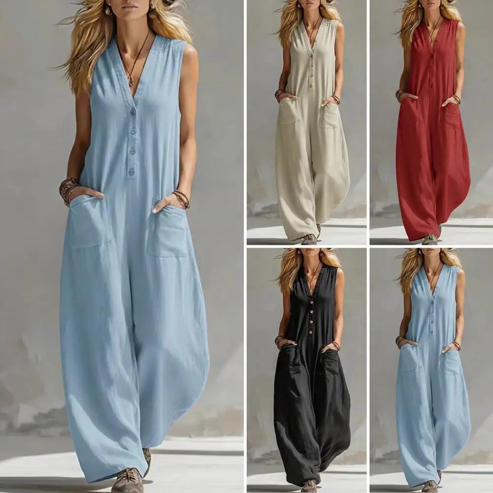 

Summer Women Jumpsuit V Neck Sleeveless Solid Color Ladies Casual Loose Wide Leg Pants Long Romper Overall with Dual Pockets