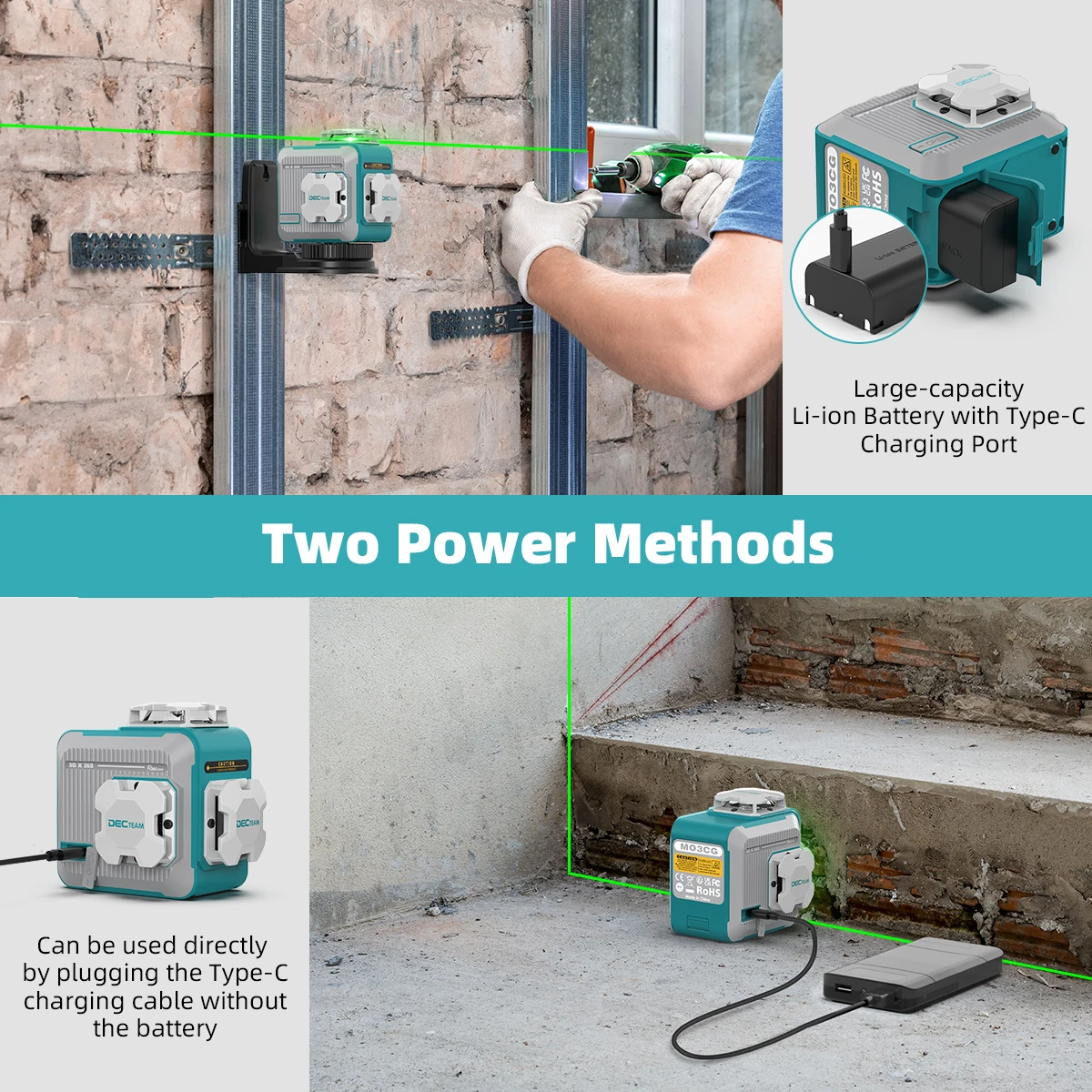 3D 12 Lines Self-leveling Laser Level DECTEAM 3 x 360° Green Beam Cross Line Laser Levels with Rechargeable Li-ion Battery M03CG