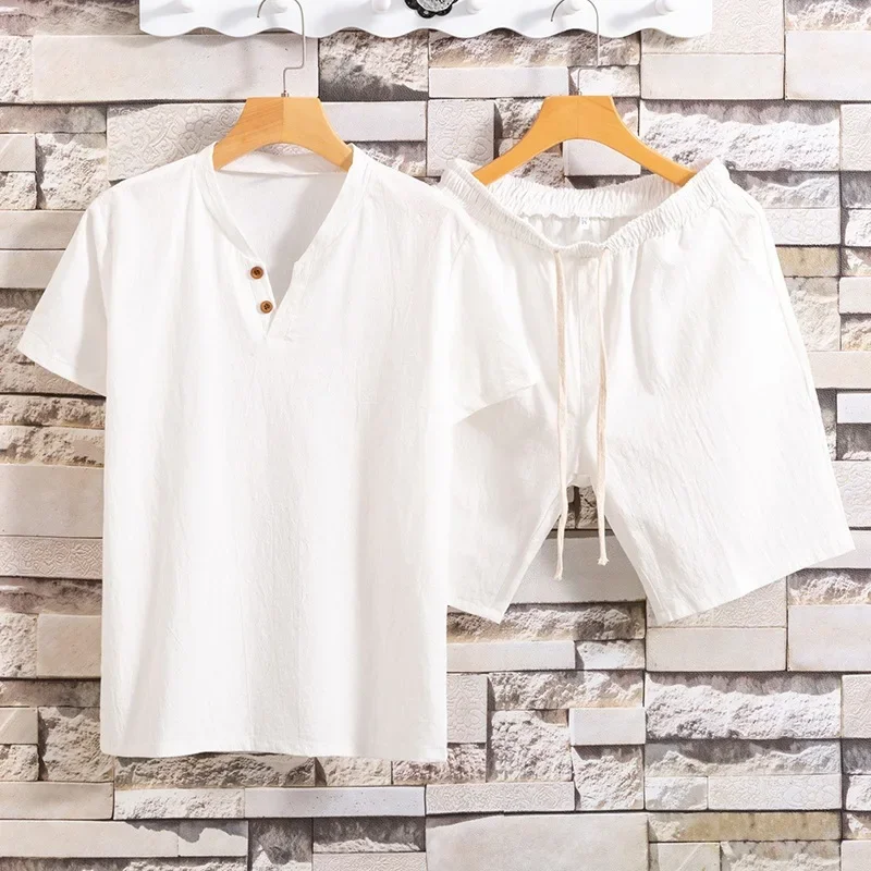 

Men's Sets Short Sleeve Suit and Shorts Summer Cotton Linen Solid Color T-shirt Two-piece Set for Men