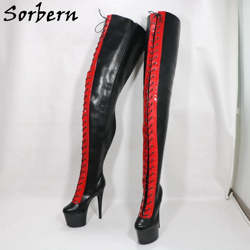 Sorbern 17Cm Pole Dance High Heels Boots Women For Pole Dancer Black And Red Mid Thigh High Drag Queen Shoes Custom Legs Width