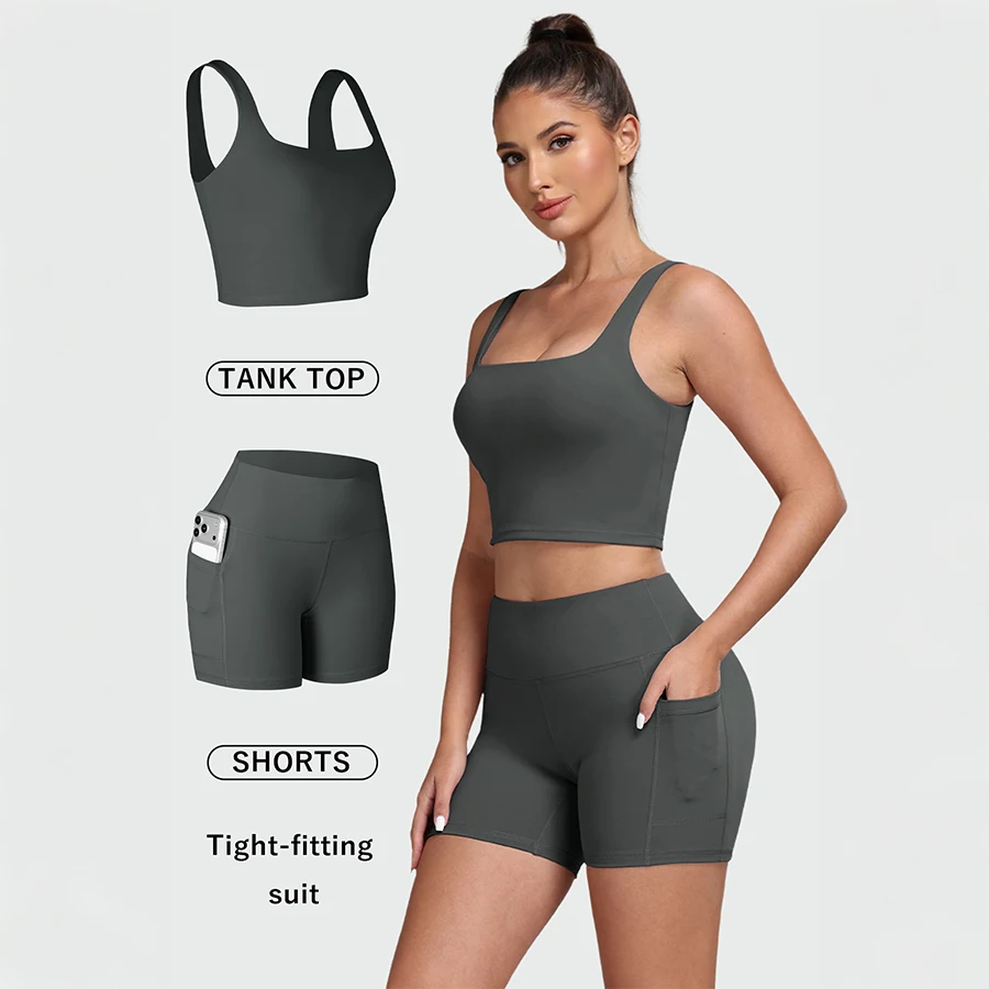 2 Piece Women's Yoga Set Padded Sports Bra & Pocket Shorts With Hidden Waist Pocket Stretchy Sports Suit Casual Activewear
