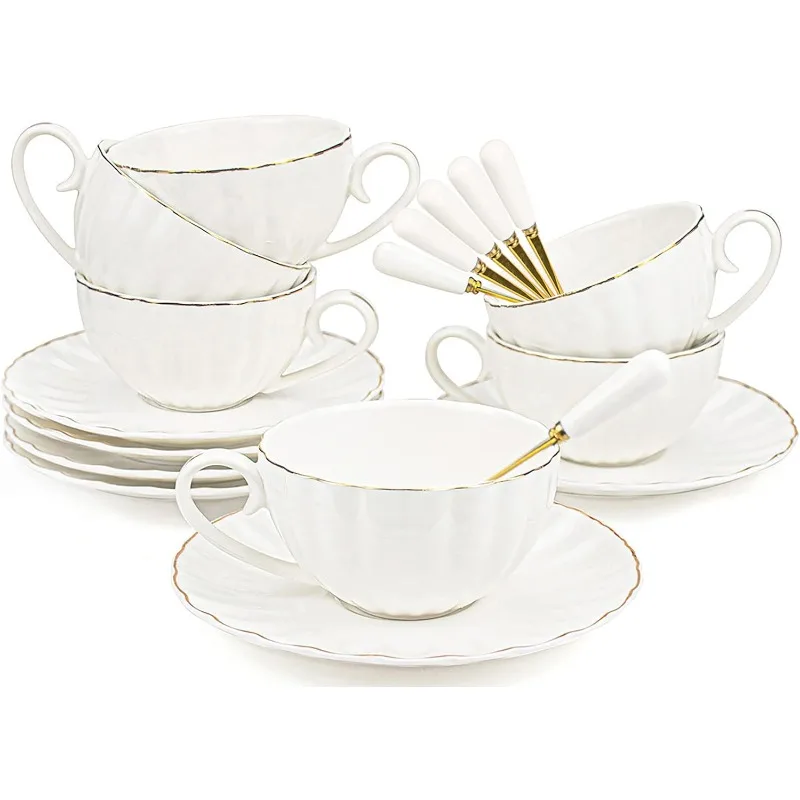 Set of 6 Royal Tea Cups and Saucers with Gold Trim, 8 oz White Porcelain Tea Set & British Coffee Cups, White Latte