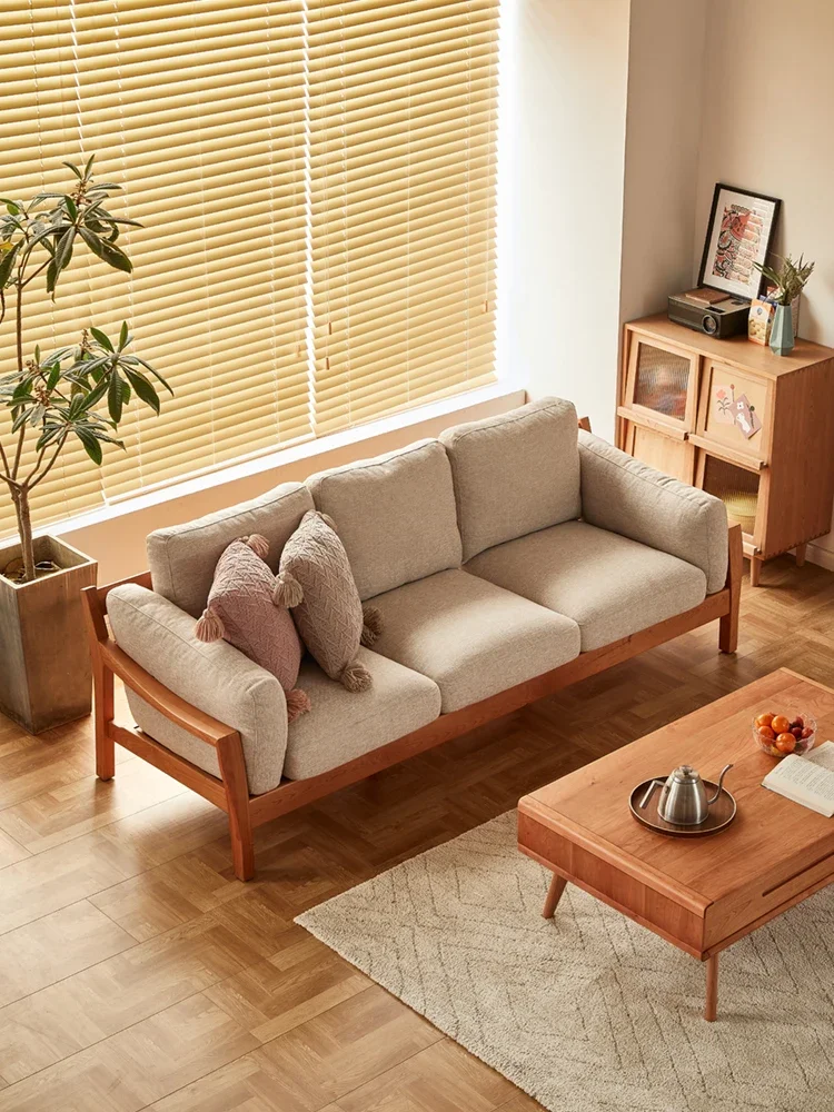 

/Nordic cherry wood all-solid wood sofa modern simple Japanese small family living room fabric combination furniture