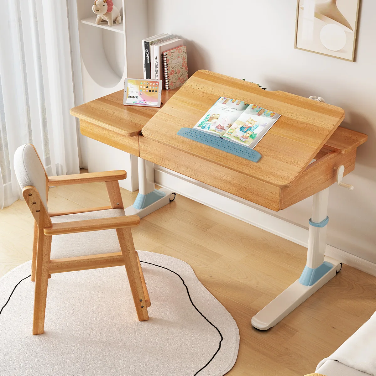 Beech Wood Children's Study Desk, Solid Wood Desk, Now Simple Bedroom, Home Student Desk, Height-Adjustable Learning Desk