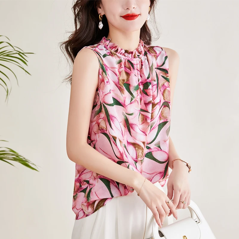 2023 Summer New Fashion Women Blouse Elegant Chiffon Sleeveless Ruffle Print Pullover V-Neck Top Office Lady Formal Shirts