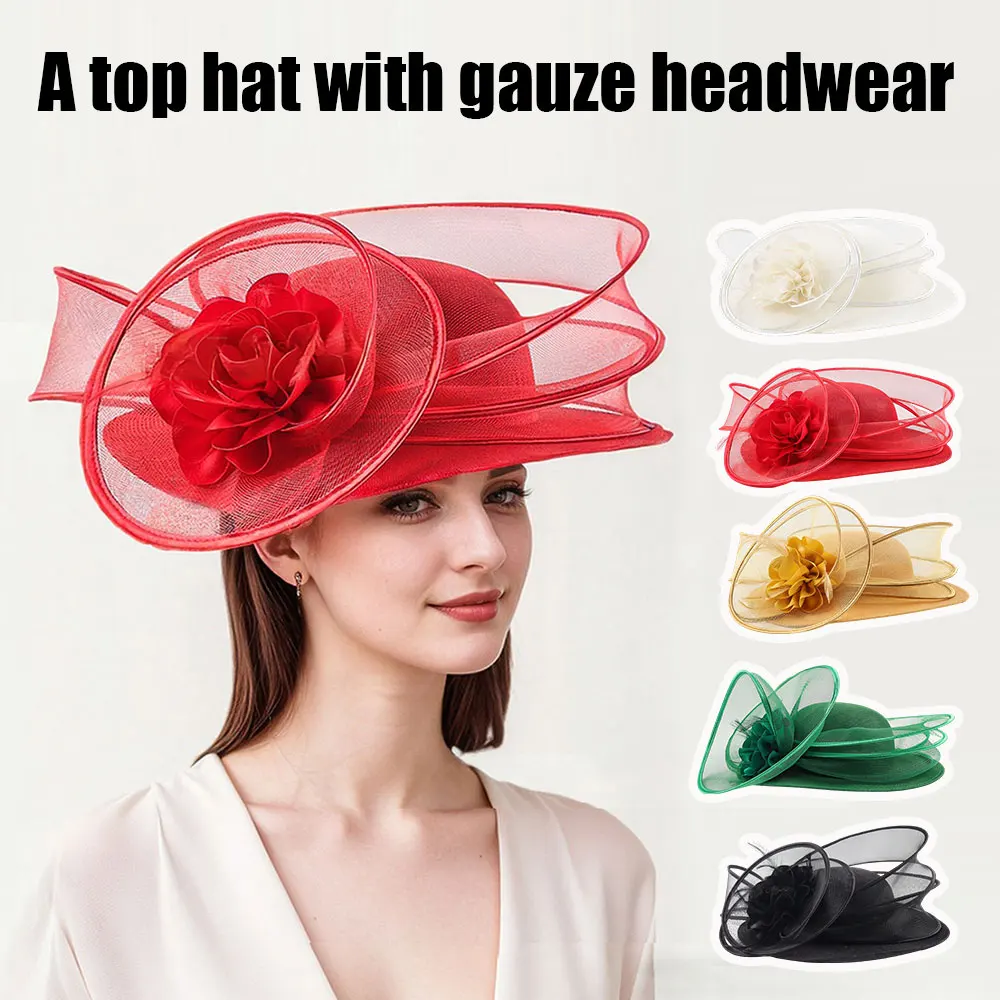 オーガンザビッグフラワーヘッドピースフォーマルチャーチハット凹型トップハット誇張メッシュヘッドウェアハット大きなつば日よけサンハット